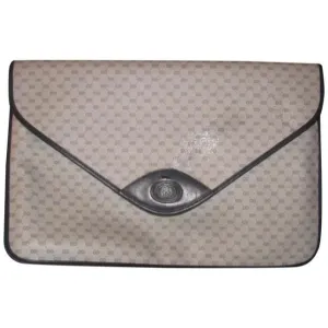 1970's -1980's Gucci Navy Blue Micro Guccissima Print Coated Canvas & Navy Leather Vintage XL Envelope Clutch