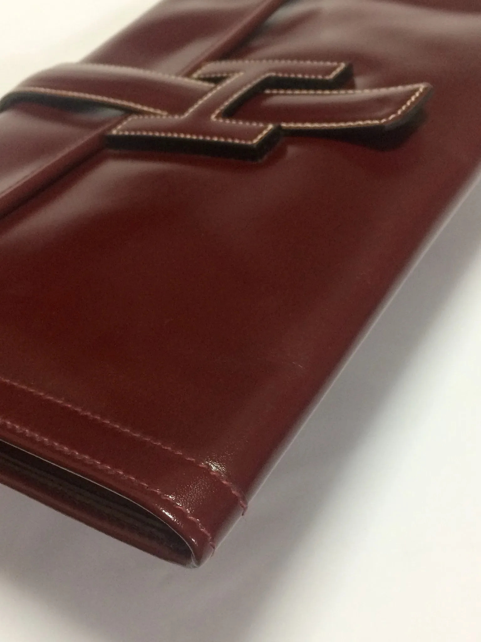 80's vintage HERMES jige, document case, dark wine, bordeaux boxcalf portfolio purse, iPad case. Classic and sophisticated style.