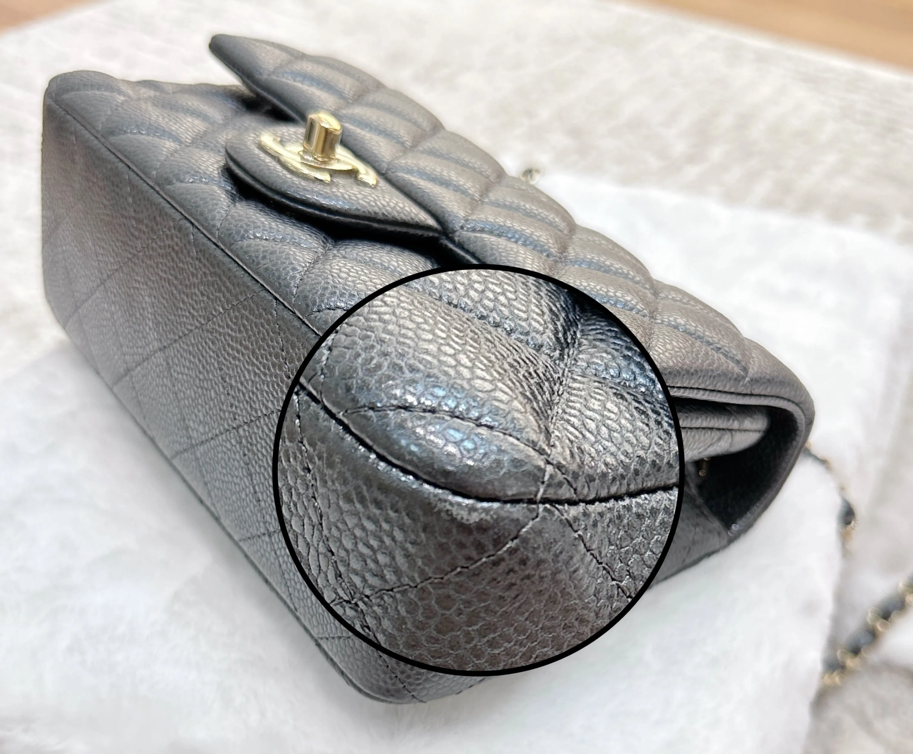Chanel Classic Mini Rectangular 18S Dark Gray/Grey Quilted Caviar light gold hardware