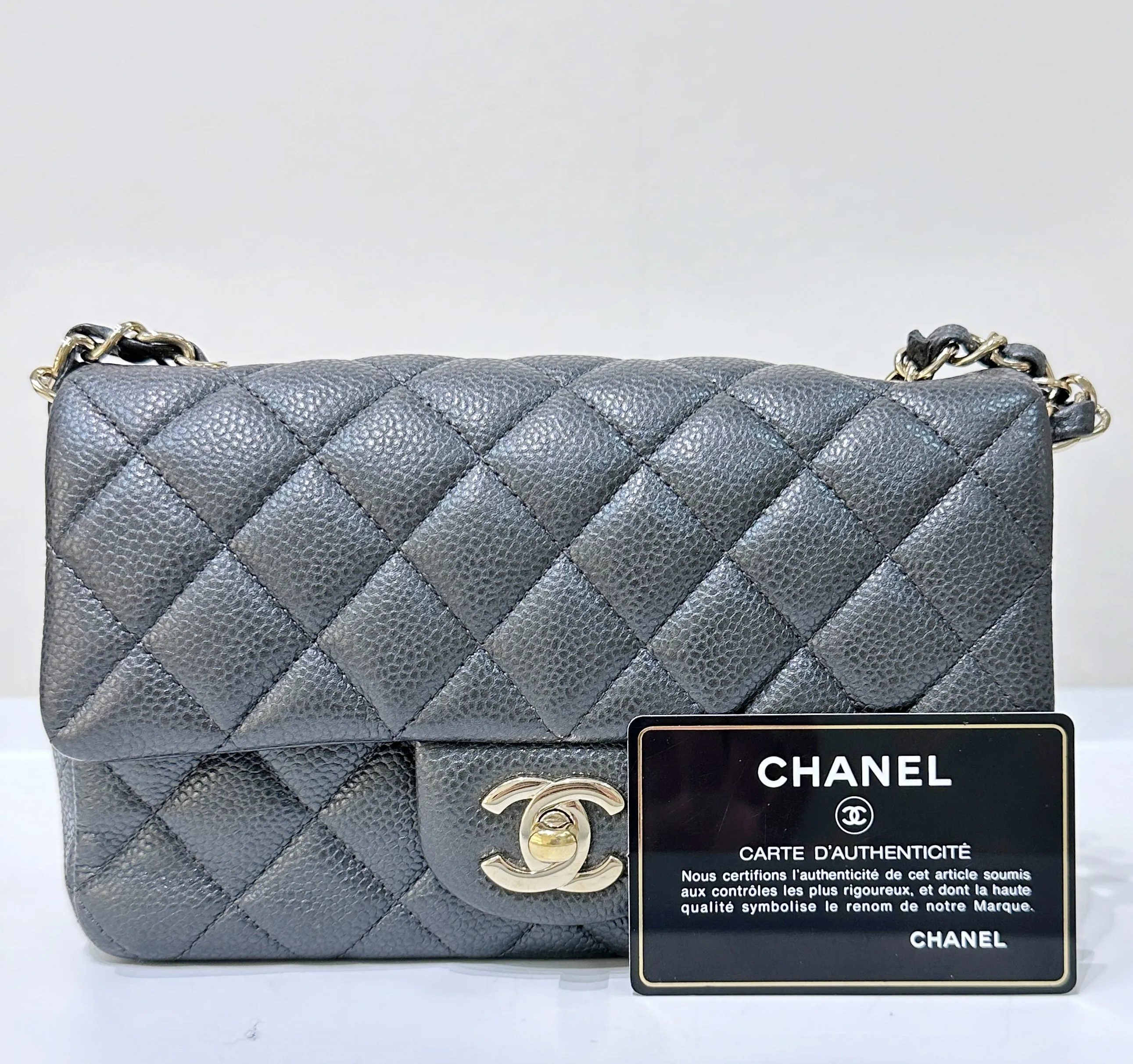 Chanel Classic Mini Rectangular 18S Dark Gray/Grey Quilted Caviar light gold hardware