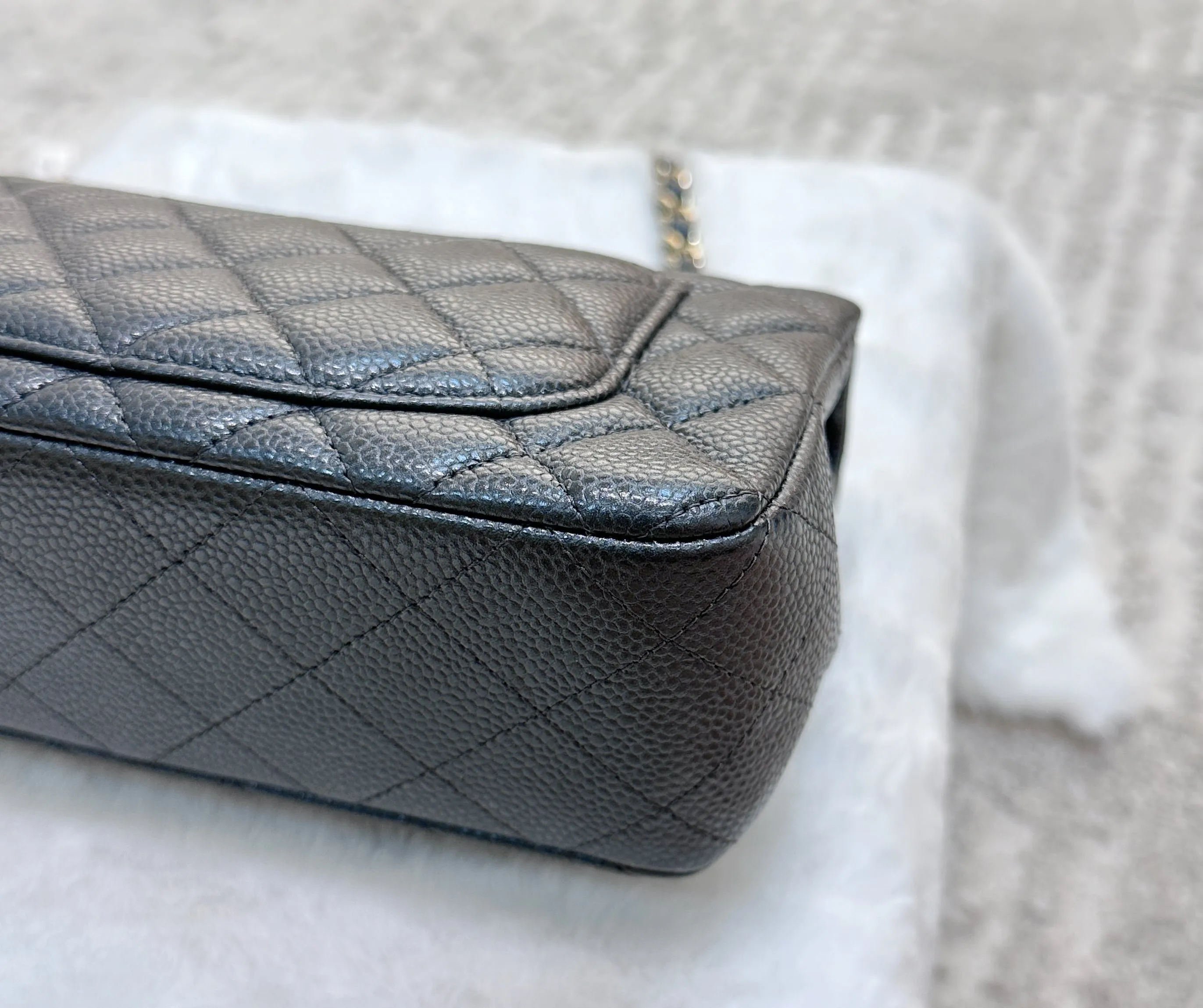 Chanel Classic Mini Rectangular 18S Dark Gray/Grey Quilted Caviar light gold hardware