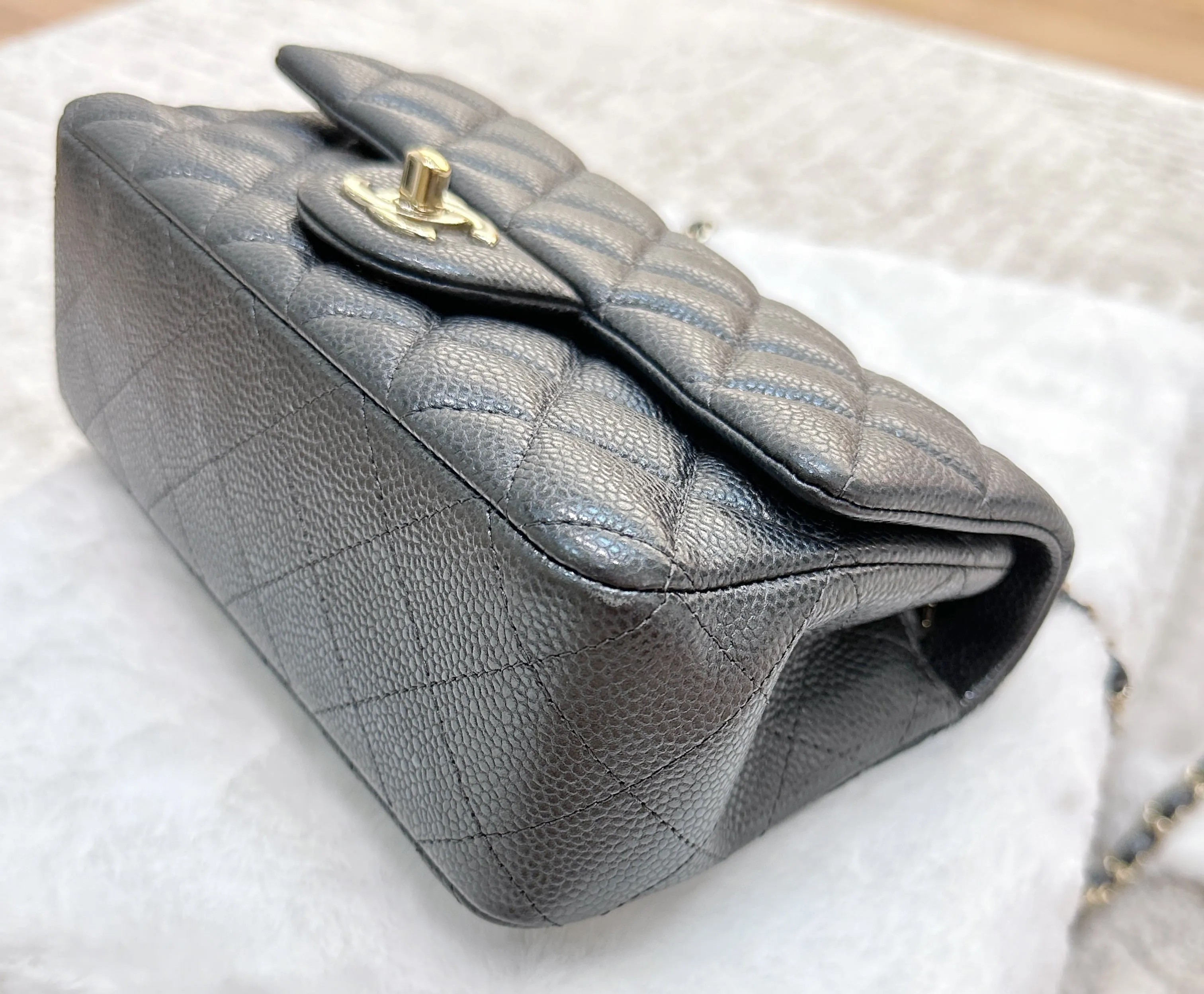 Chanel Classic Mini Rectangular 18S Dark Gray/Grey Quilted Caviar light gold hardware