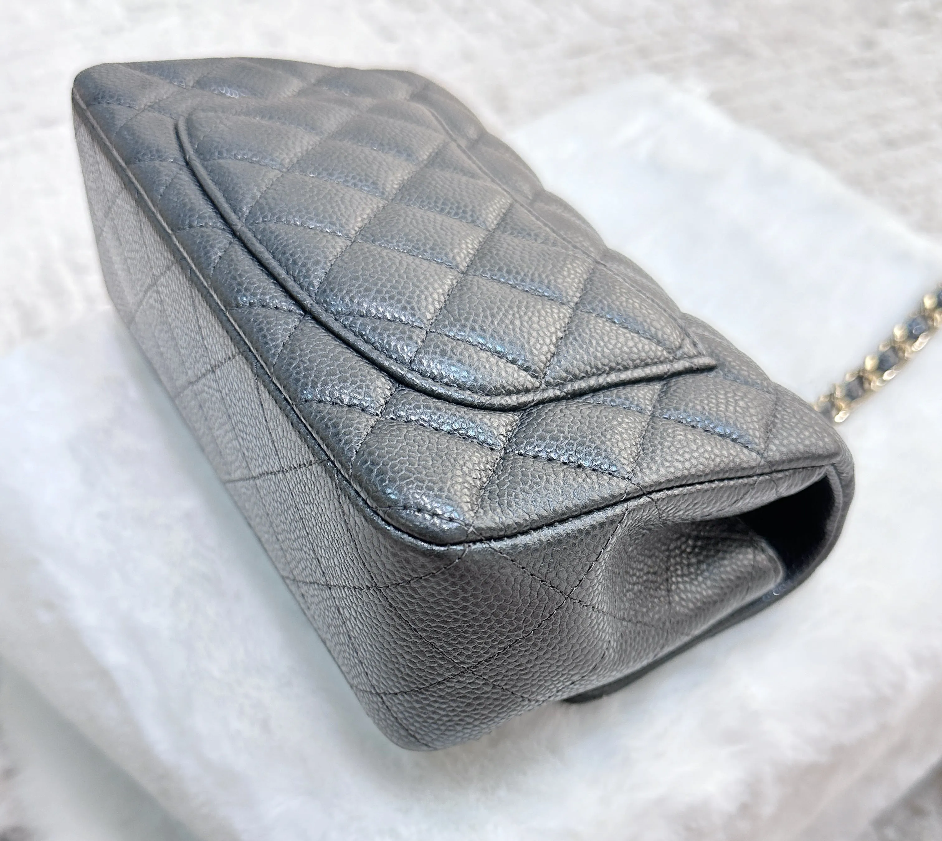 Chanel Classic Mini Rectangular 18S Dark Gray/Grey Quilted Caviar light gold hardware
