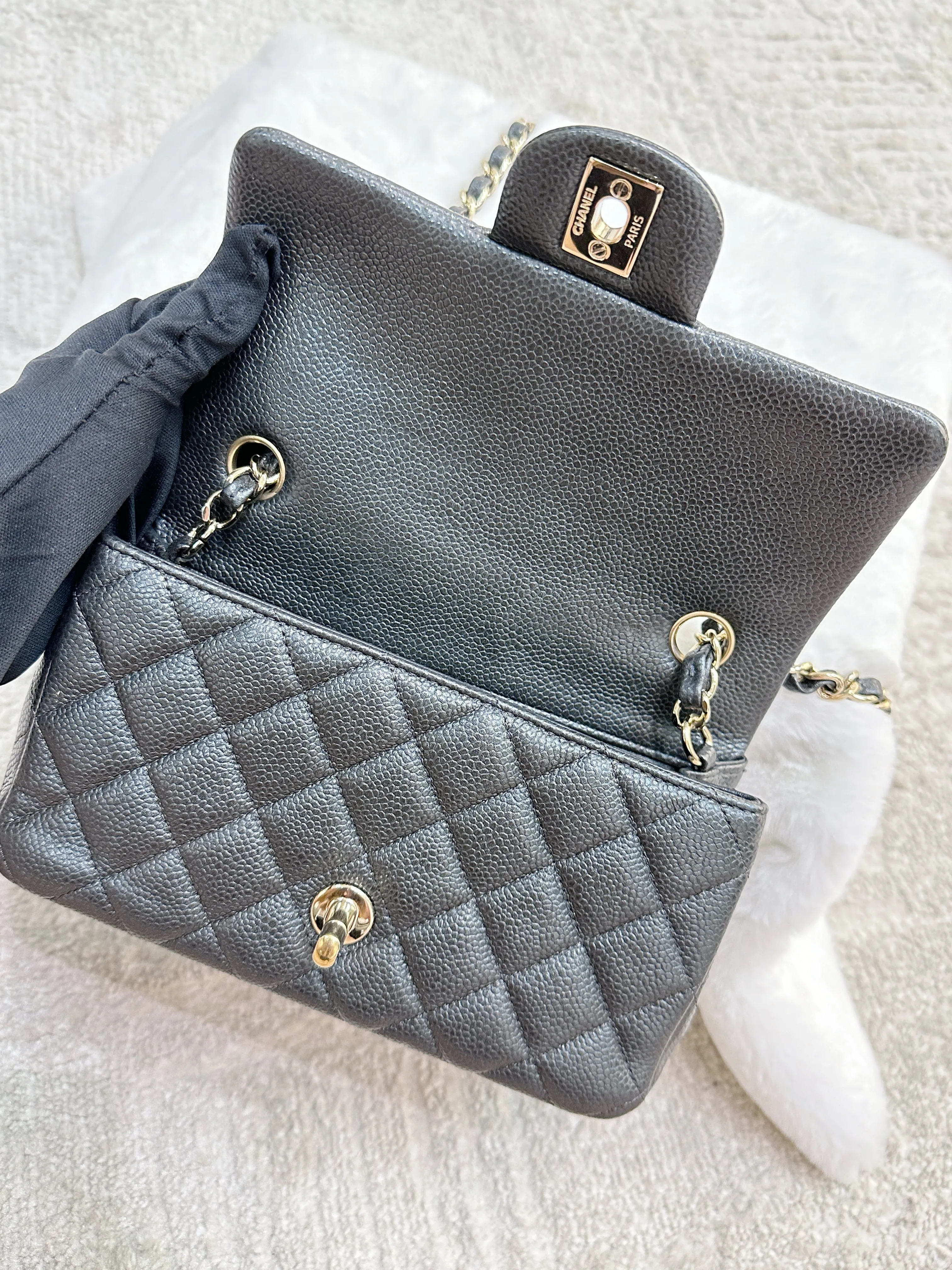 Chanel Classic Mini Rectangular 18S Dark Gray/Grey Quilted Caviar light gold hardware