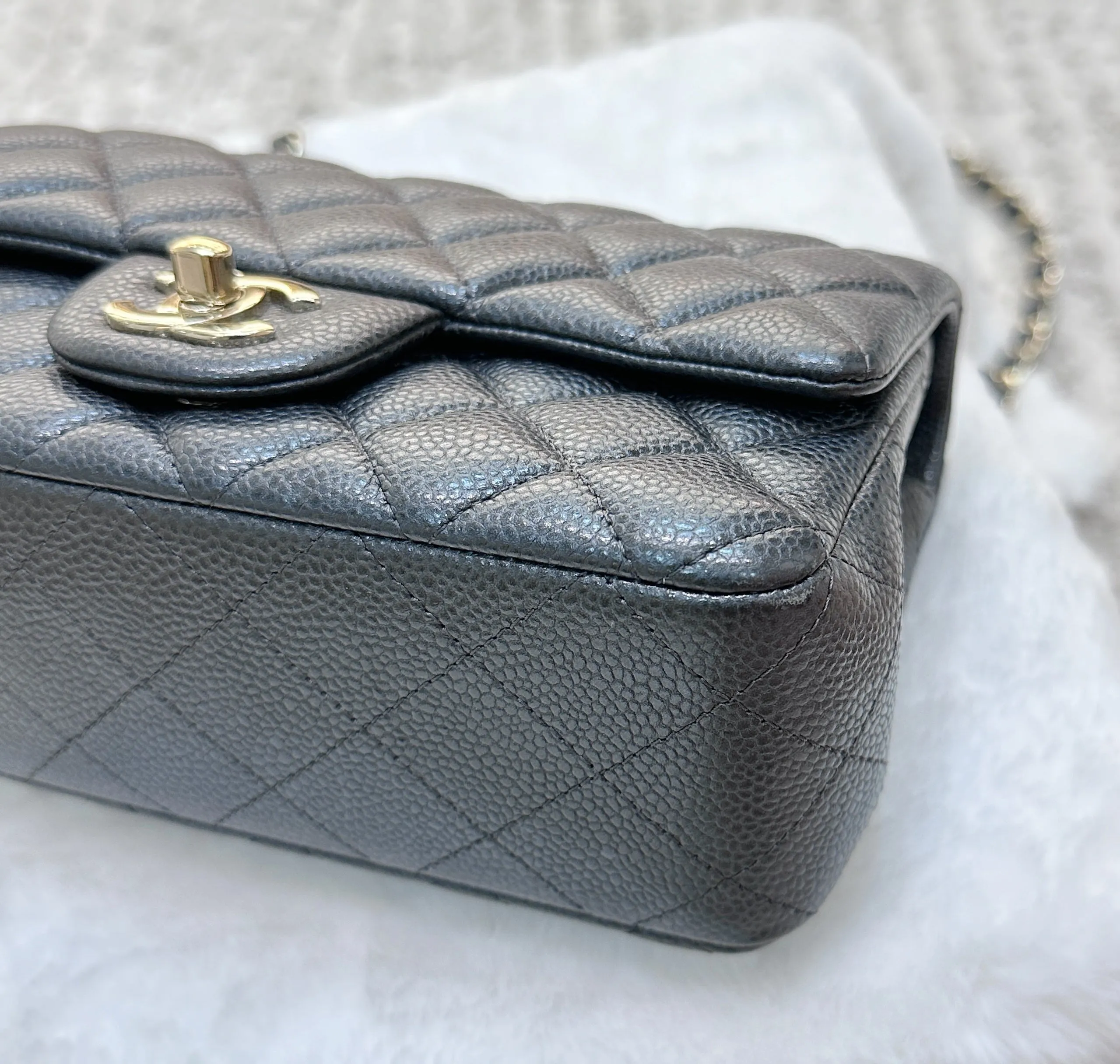 Chanel Classic Mini Rectangular 18S Dark Gray/Grey Quilted Caviar light gold hardware