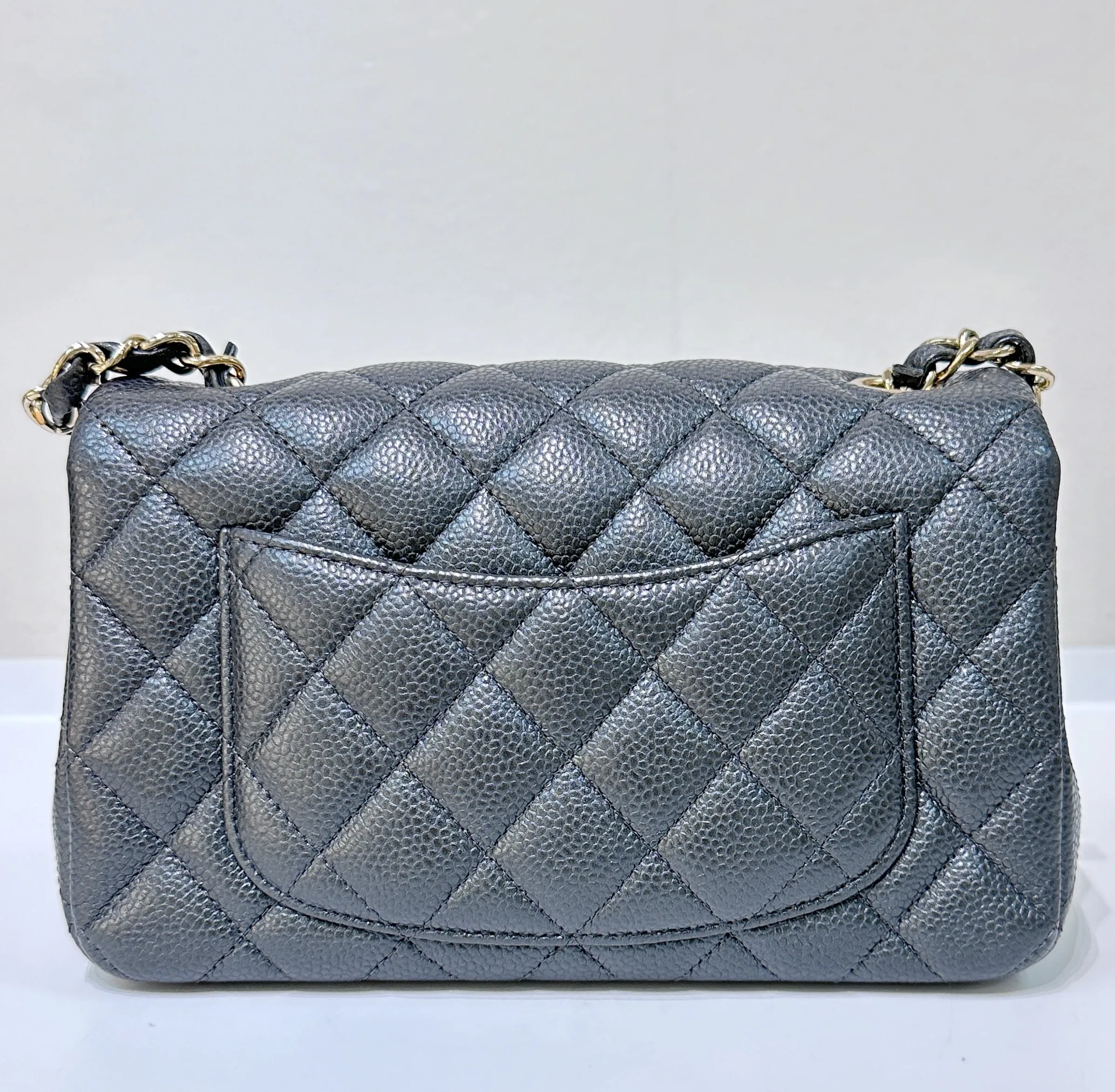 Chanel Classic Mini Rectangular 18S Dark Gray/Grey Quilted Caviar light gold hardware