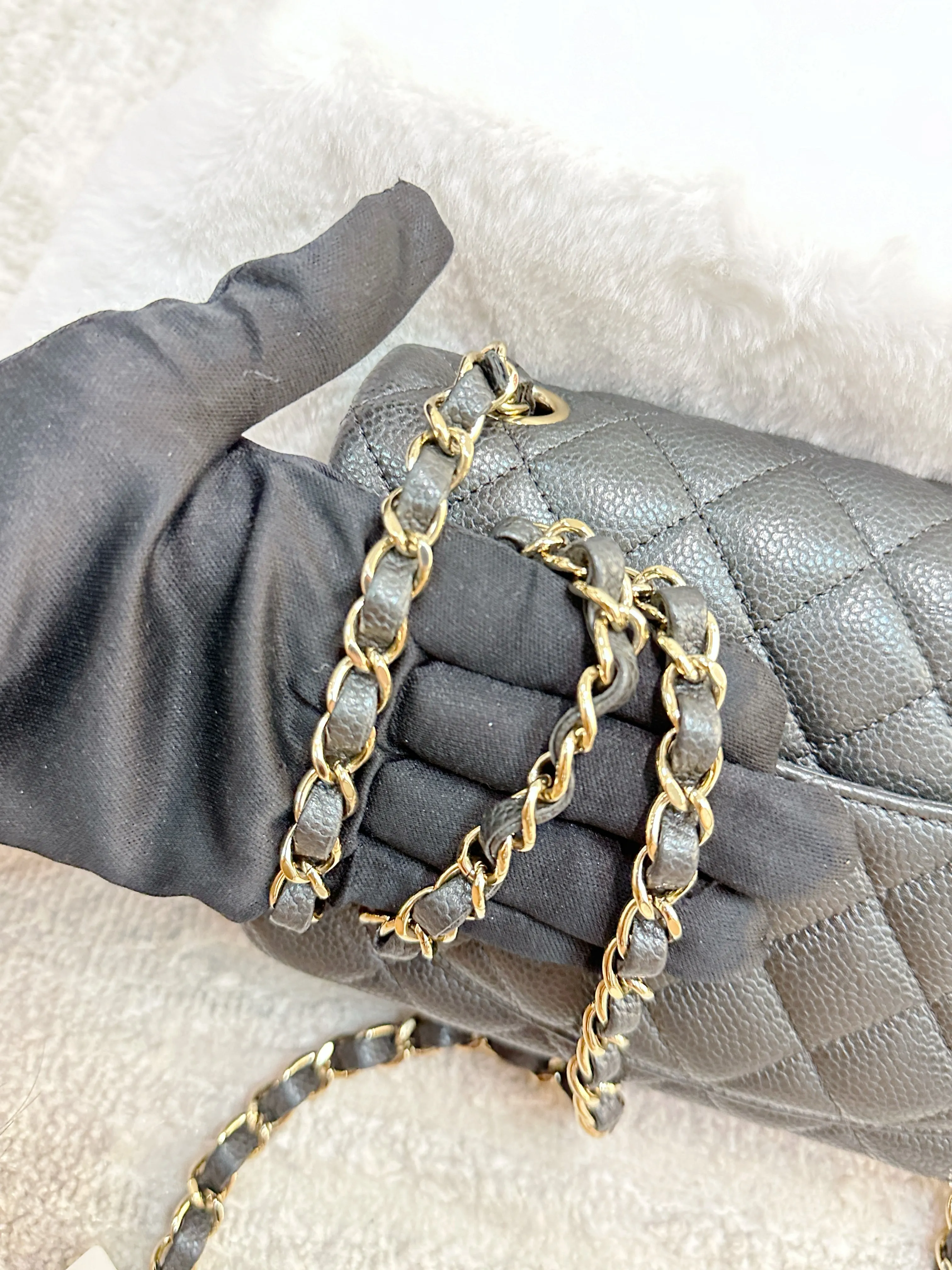 Chanel Classic Mini Rectangular 18S Dark Gray/Grey Quilted Caviar light gold hardware