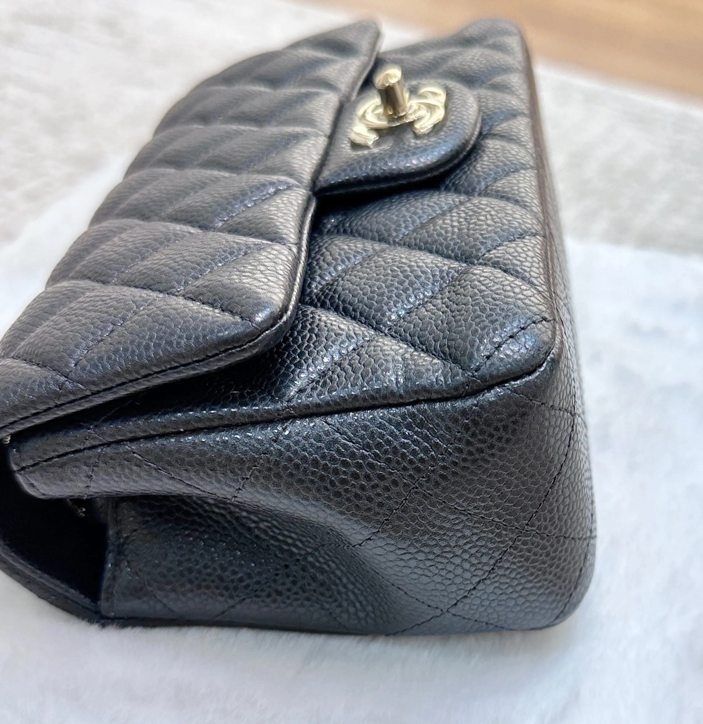 Chanel Classic Mini Rectangular 18S Dark Gray/Grey Quilted Caviar light gold hardware