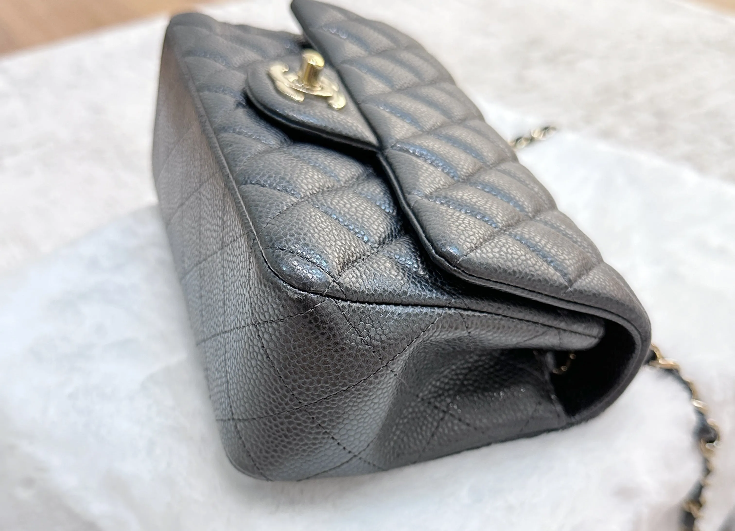 Chanel Classic Mini Rectangular 18S Dark Gray/Grey Quilted Caviar light gold hardware