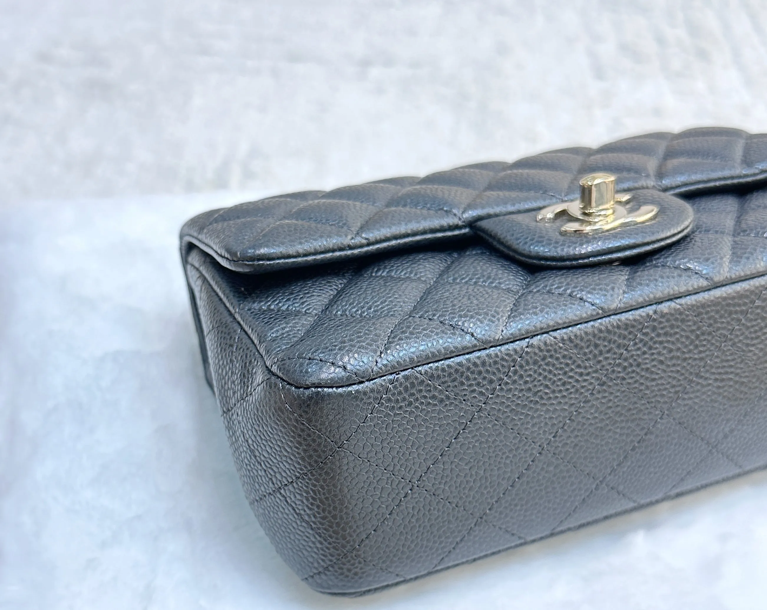 Chanel Classic Mini Rectangular 18S Dark Gray/Grey Quilted Caviar light gold hardware
