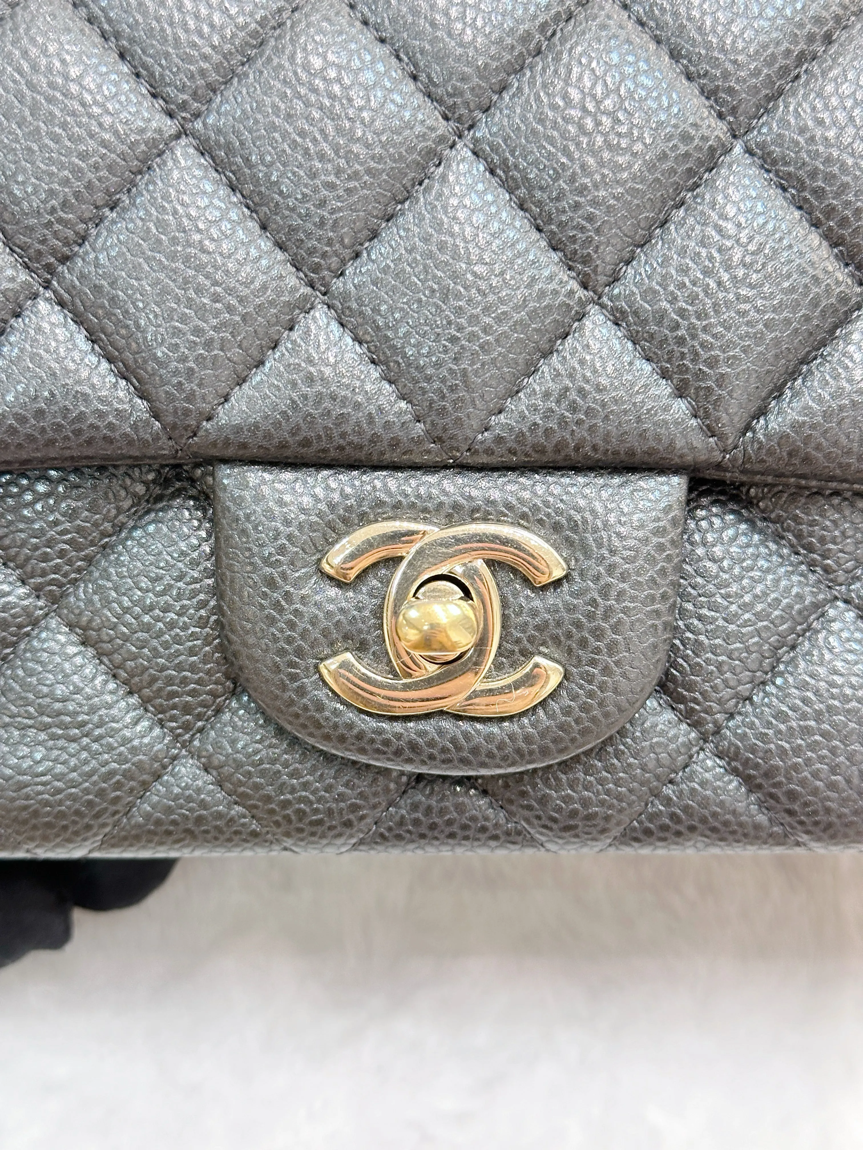 Chanel Classic Mini Rectangular 18S Dark Gray/Grey Quilted Caviar light gold hardware